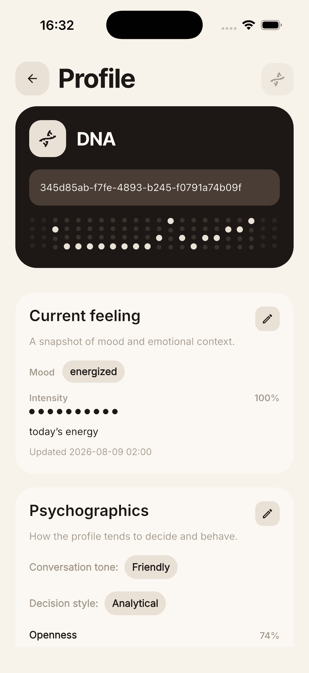 .truespace user DNA profile screen